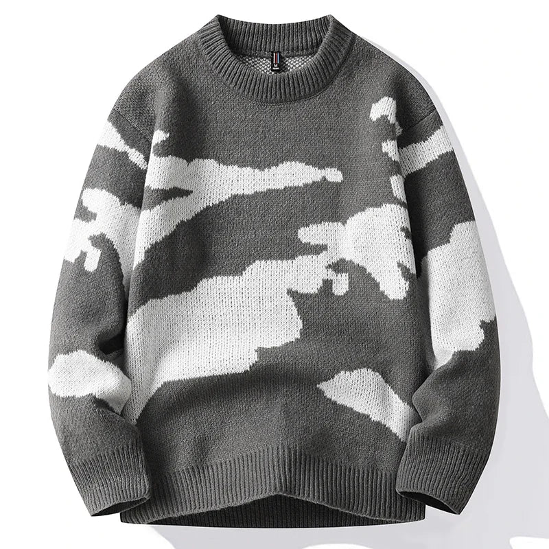 Nimbus long-sleeve knit sweater with unique cloud pattern, classic relaxed cut in soft neutral tones