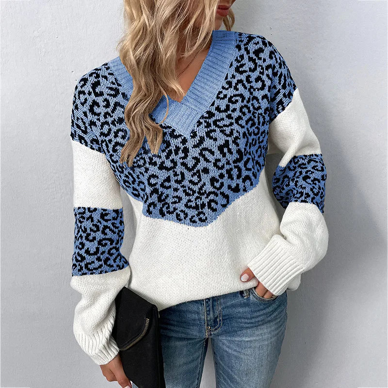 Elegant leopard print V-neck sweater with flattering neckline and chic feminine silhouette