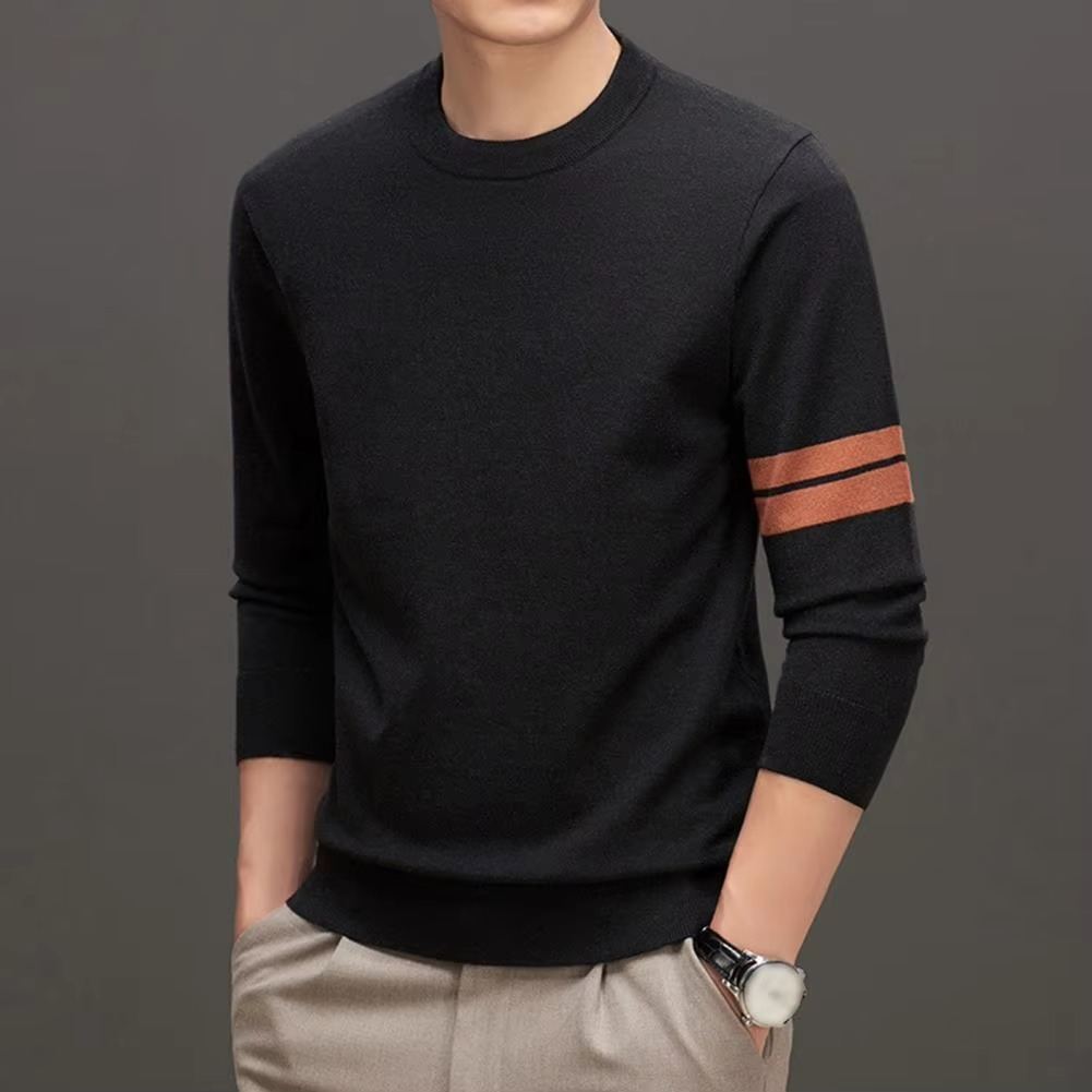 Men's navy thick knit pullover sweater with stretch cuffs and hem for warm casual style