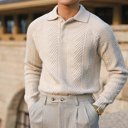 Andreas Vela slim fit long sleeve knitted polo with distinct woven pattern in neutral tones