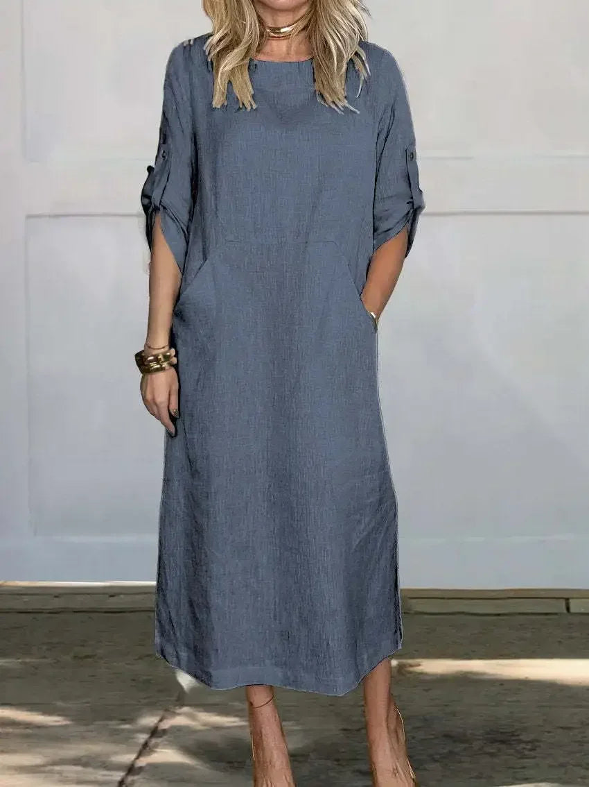 Women's A-line loose fit draped evening dress in soft coastal hue with effortless relaxed silhouette