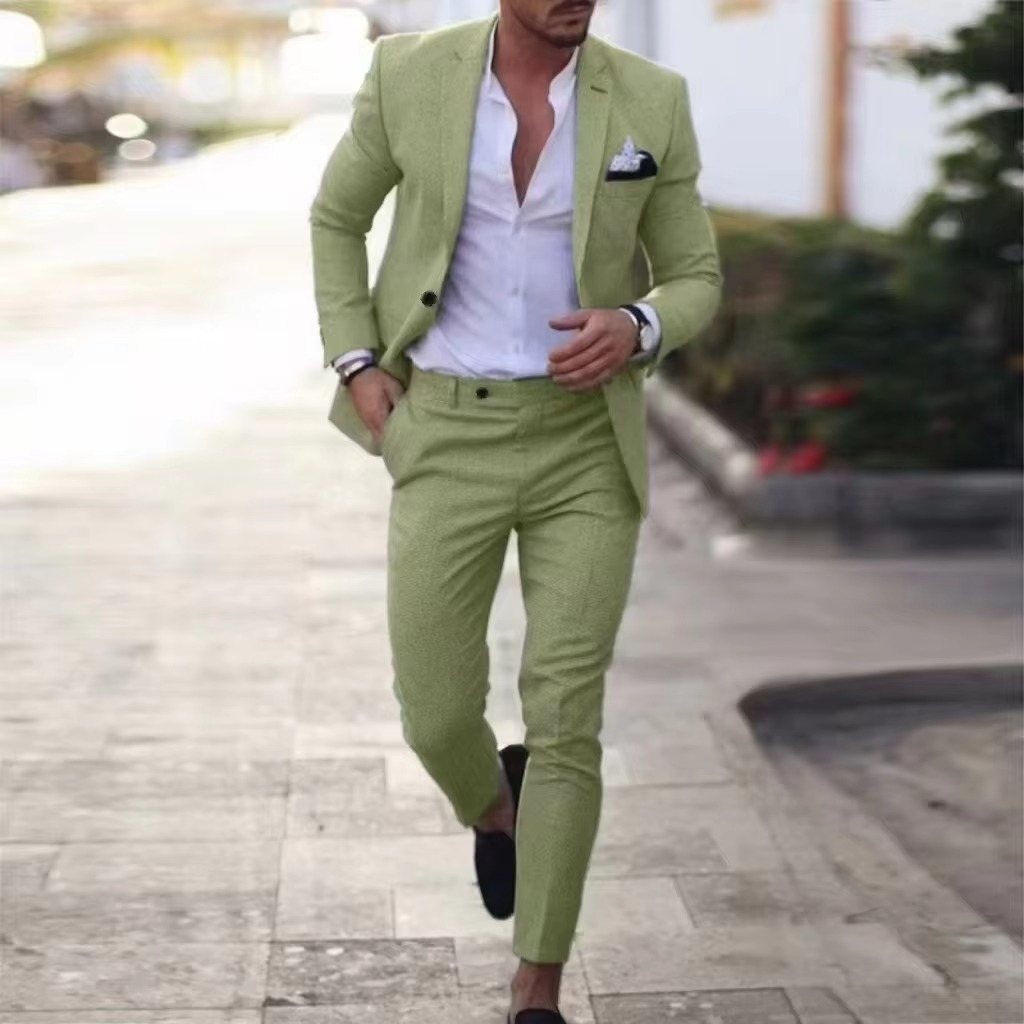 Men's light beige linen two-piece blazer and pants suit set, slim-fit with breathable fabric for summer