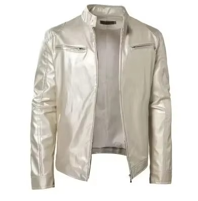 Men slim fit PU leather motorcycle jacket black stand collar snap wind resistant biker style