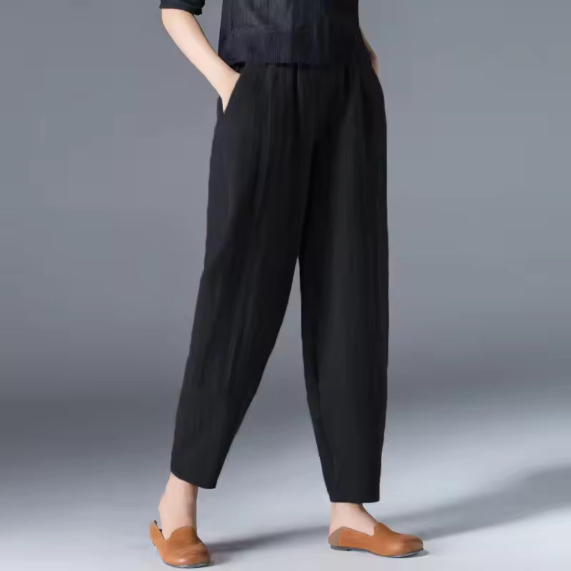 Women's lightweight summer trousers relaxed tapered ankle breathable breezy silhouette