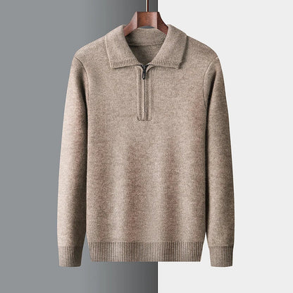 Men's wool quarter-zip pullover with ribbed collar and cuffs, warm smart-casual knit sweater