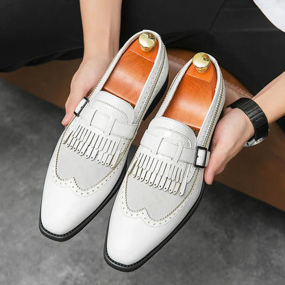 Men's brown premium leather slip-on brogue dress shoe with fringe tassel detailing and glossy finish