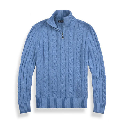 Men's gray cable knit half-zip sweater with high collar, ribbed details, wool cotton blend