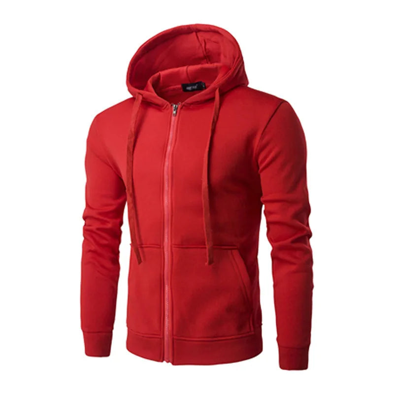Men's black zip-up street hoodie with attached drawstring hood, relaxed urban fit for everyday wear