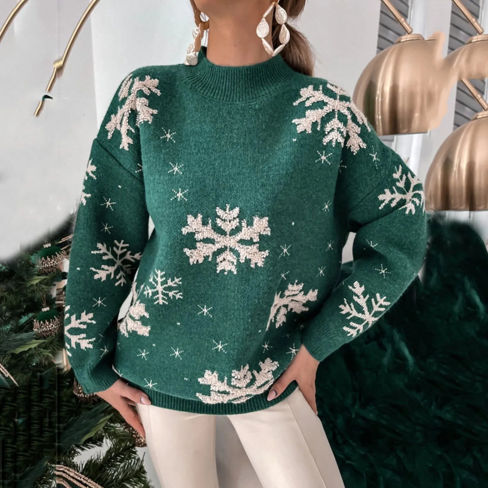 Cozy knitted Christmas sweater with high collar, snowflake pattern, ultra-soft 90s festive holiday style