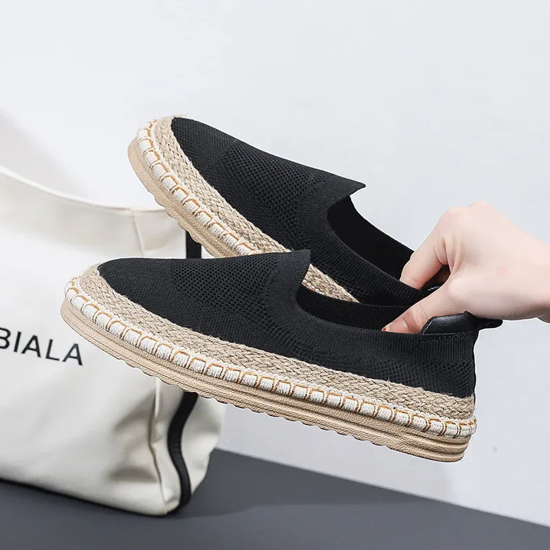 Beige knit espadrilles with braided jute sole and breathable air mesh upper for women