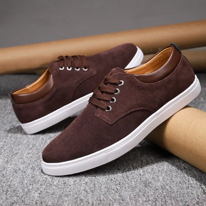 Men's brown suede casual dress shoes with plush sheepskin insole for all-day comfort
