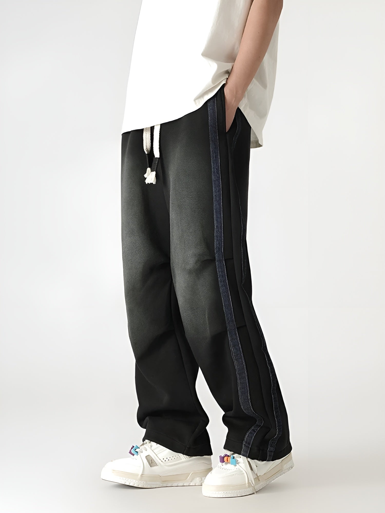 Washed-out gray sweatpants loose straight fit with faded gradient finish and vertical side stripe