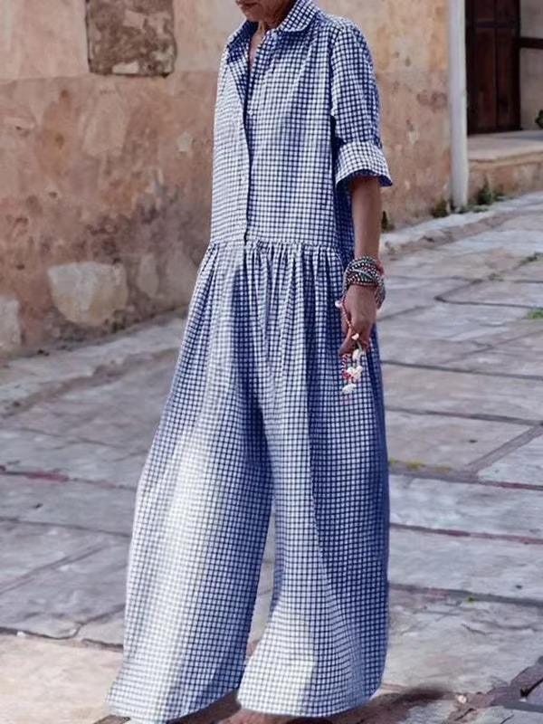 Women's plaid wide-leg jumpsuit with lapel collar and front button closure for effortless everyday style