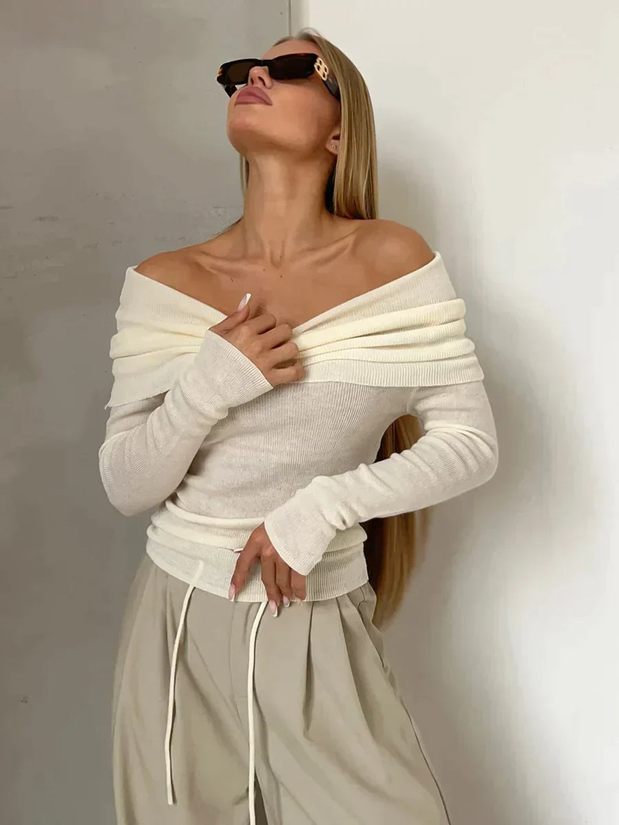 Women's cream ribbed knit off-shoulder sweatshirt fitted silhouette long sleeve casual top