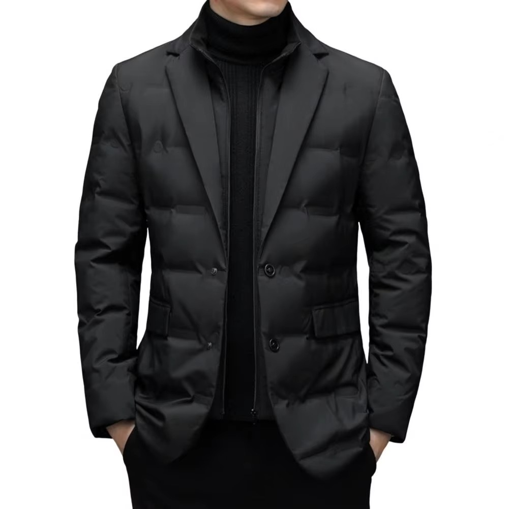 Men's black quilted winter coat high stand collar padded urban tailored silhouette