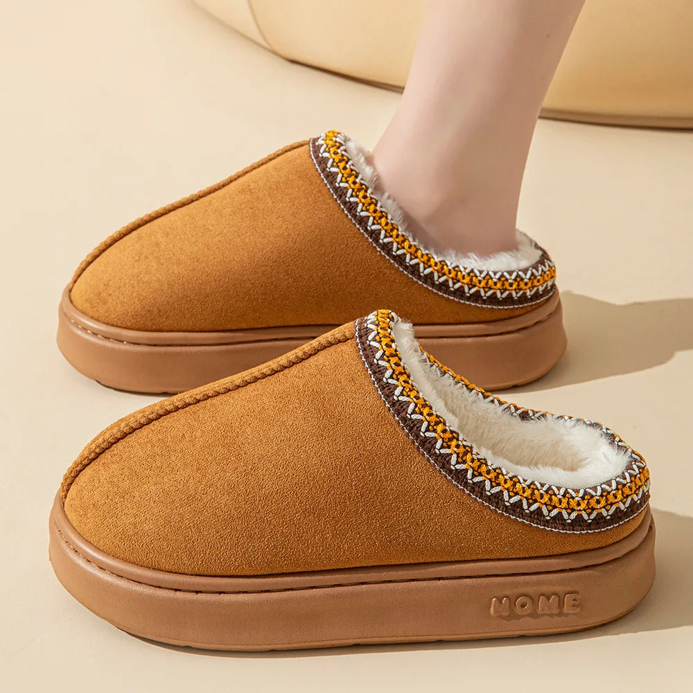 Women's plush fur slip-on slippers in cozy fluffy lining design for all-day indoor comfort