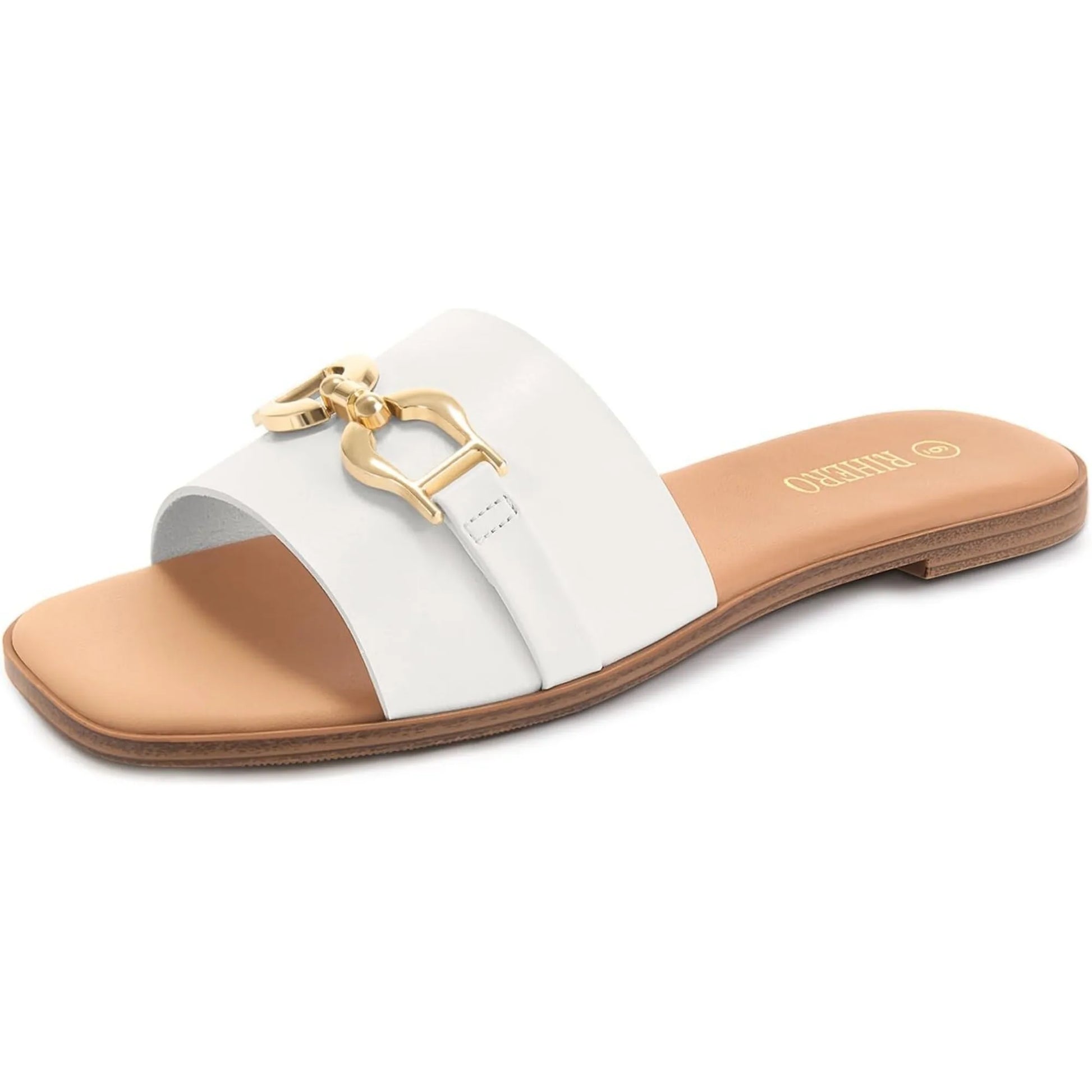 Women's adjustable buckle sandals in neutral tone with bold gold buckle accent and elegant strap design