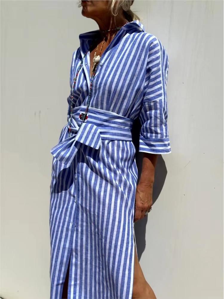 Women's striped long sleeve shirt dress, relaxed loose-fit silhouette with timeless print
