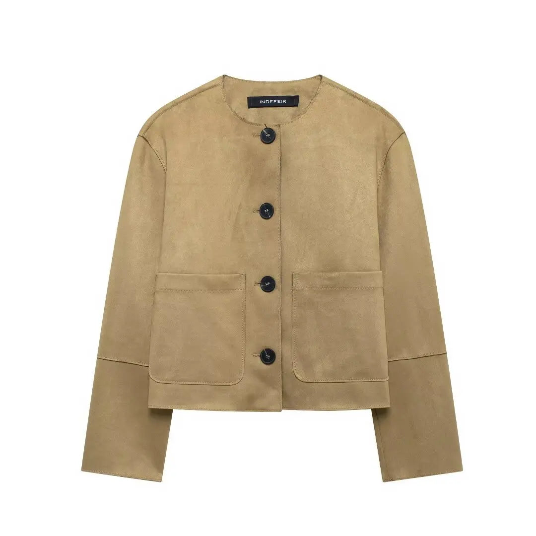 Wavlynn Danielle women's cropped camel suede button-up jacket with tailored fit and luxe drape