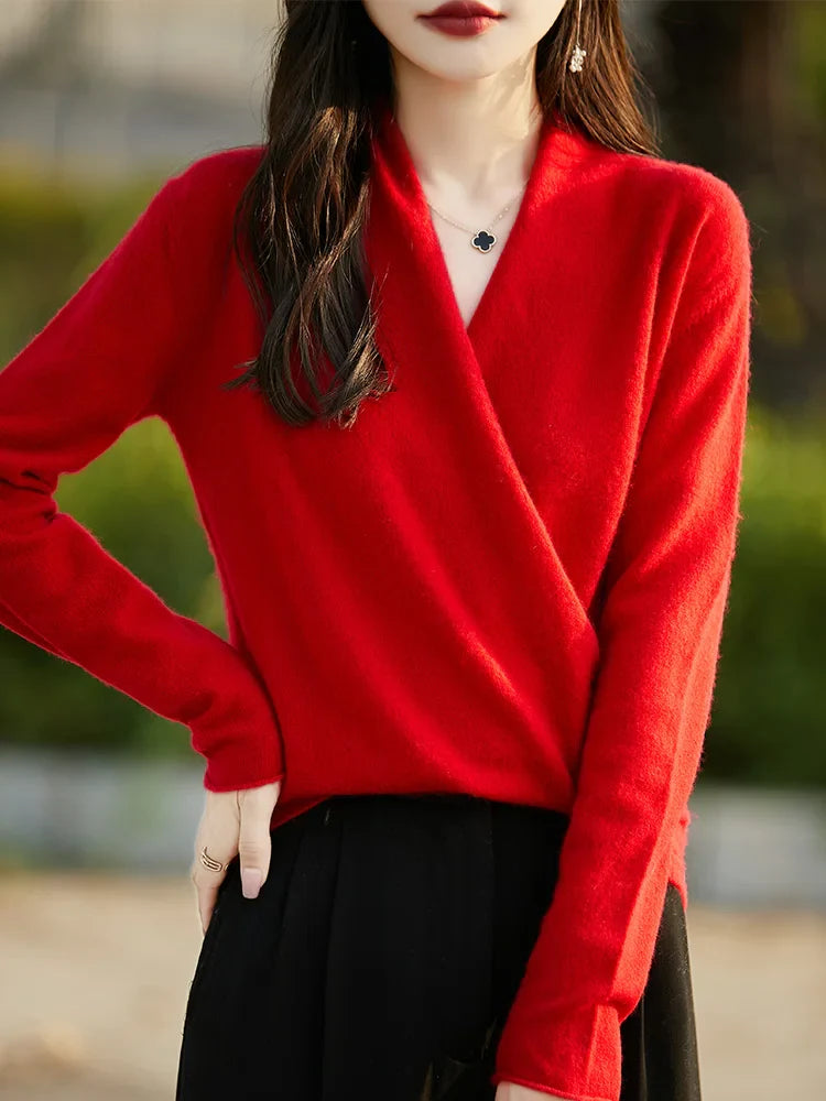 Women's wool knit V-neck sweater relaxed fit long sleeve casual pullover wardrobe essential