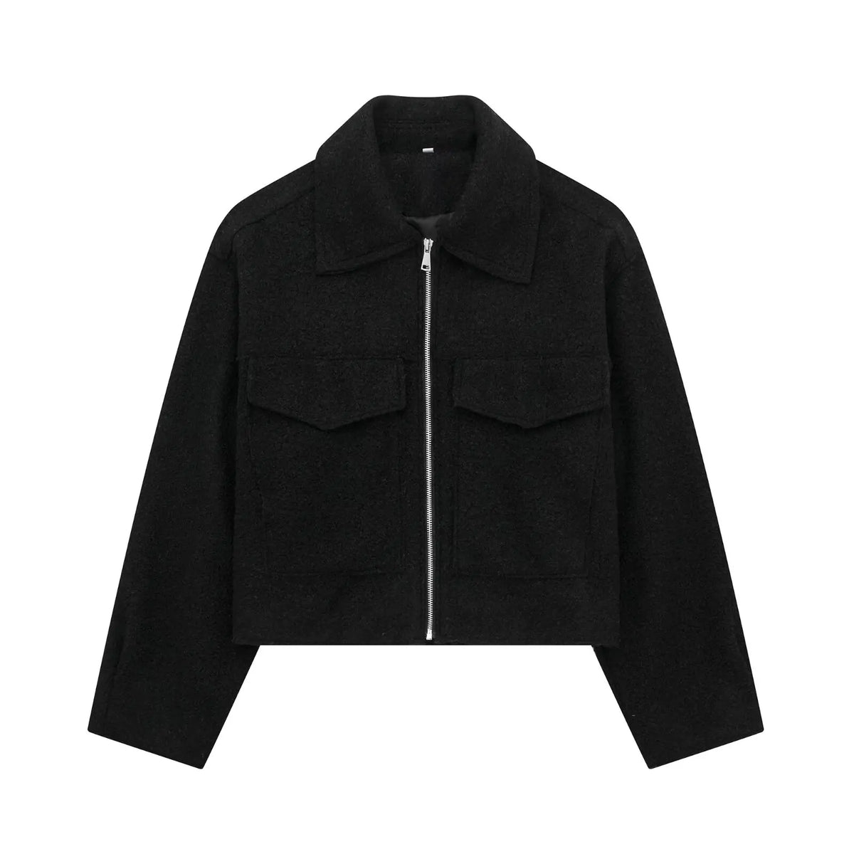 Black tailored urban couture jacket with vintage-inspired lapel collar and front zipper closure