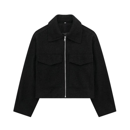 Black tailored urban couture jacket with vintage-inspired lapel collar and front zipper closure