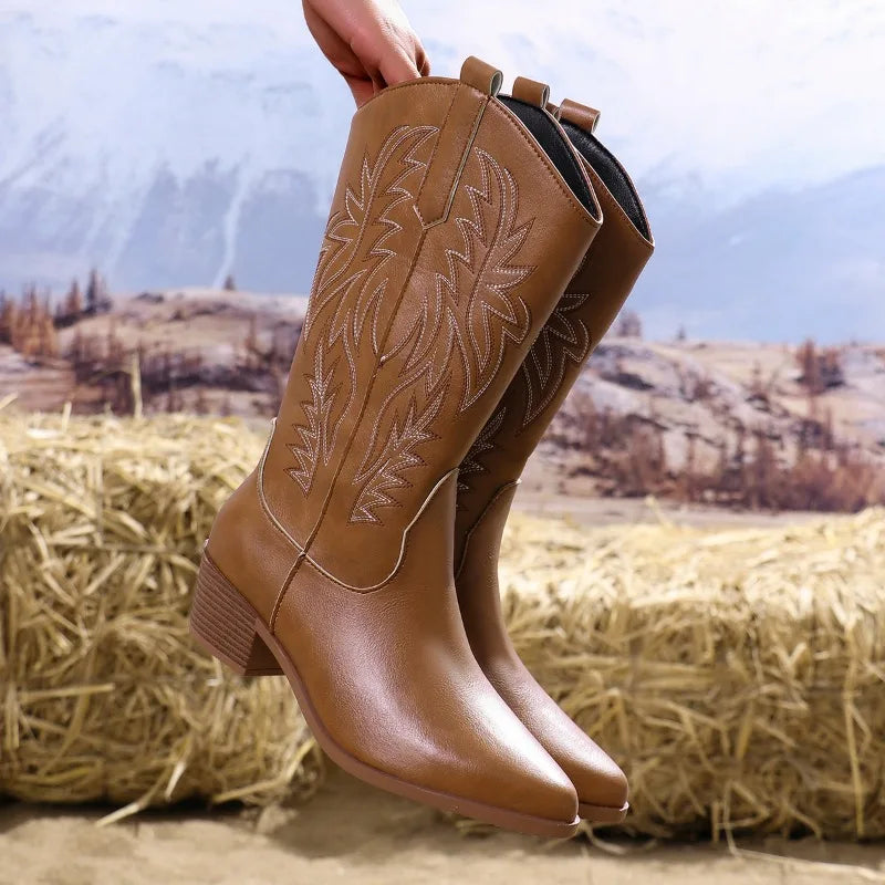 Mid-calf comfort cowboy boots with Western stitching, classic silhouette, and advanced cushioning support