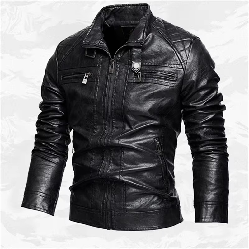 Men's vintage black PU leather moto jacket stand collar biker coat slim fit for city riders