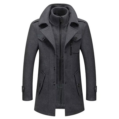 Men's mid-length premium wool trench coat with double collar zipper in classic fall winter style