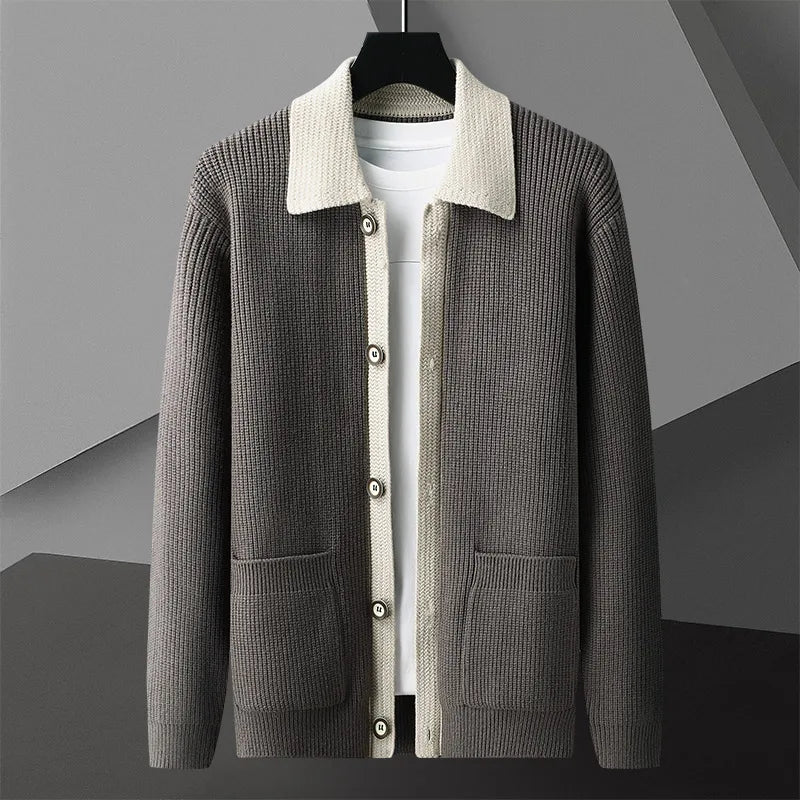 Color-block merino knit sweater with contrasting crew neck, smart casual fit, soft stretch fabric