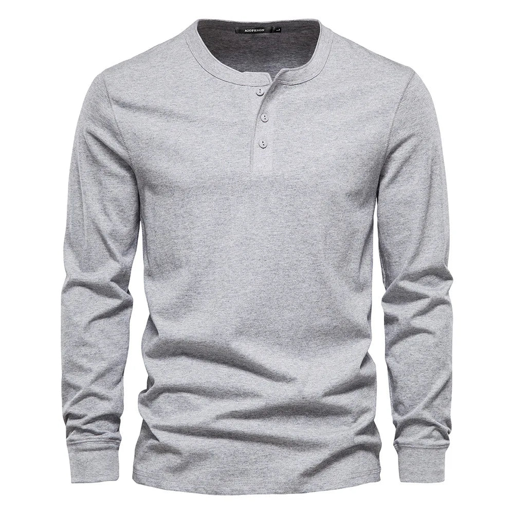 Navy blue men's long sleeve Henley shirt classic casual fit with button-up neckline placket