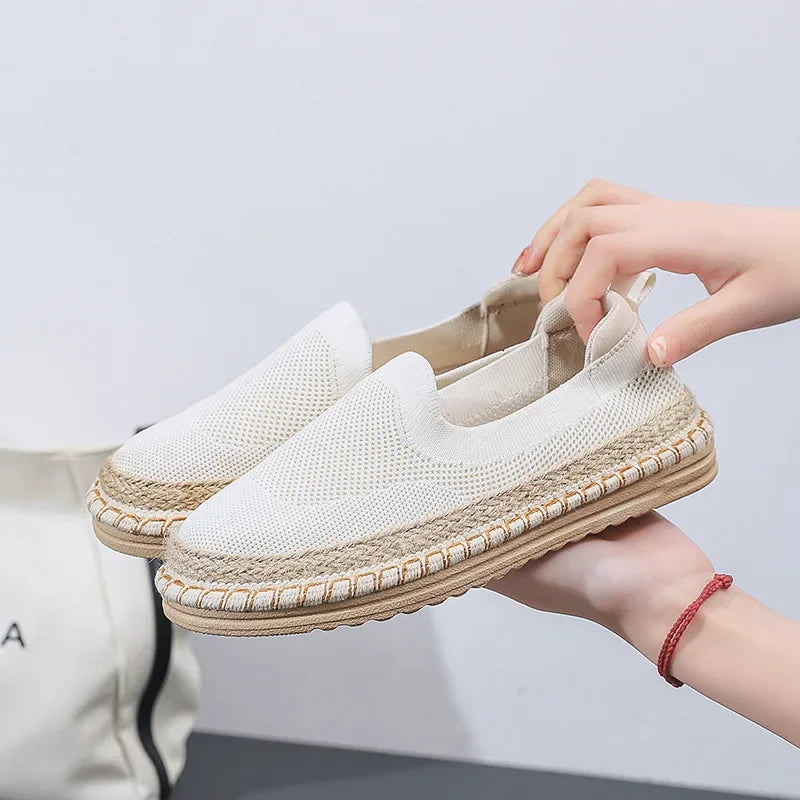 Neutral knit espadrilles with breathable air mesh upper and braided jute sole rubber underlay
