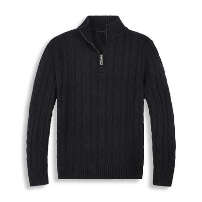Men's gray cable knit half-zip sweater wool cotton blend high collar ribbed details