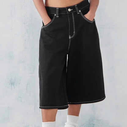 Men's wide-leg washed denim shorts with reinforced stitching and classic five-pocket design