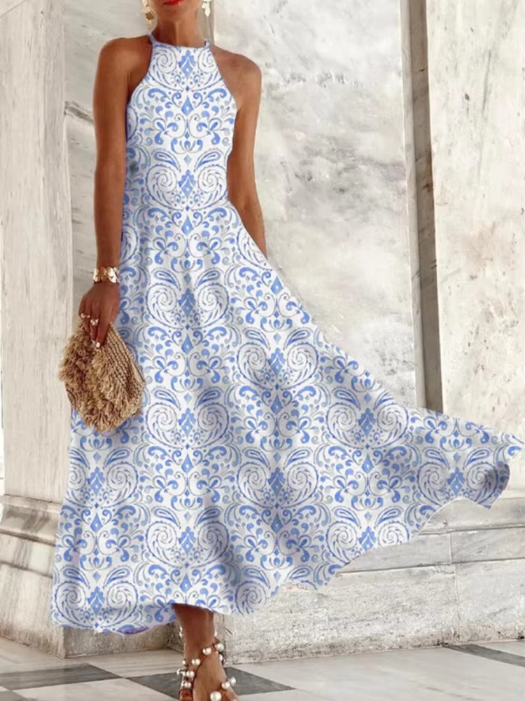 Women's elegant sleeveless halter maxi dress, backless design, lightweight summer style