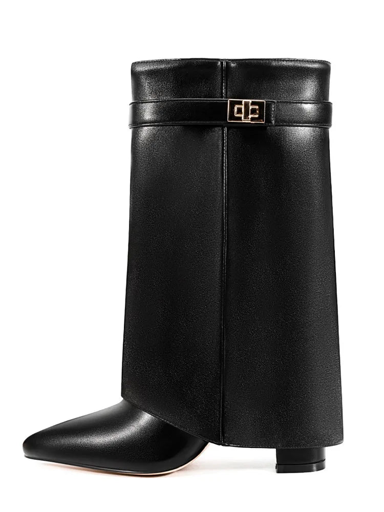 Black leather thigh-high boots with silver buckle detail, sleek sculpted silhouette for women