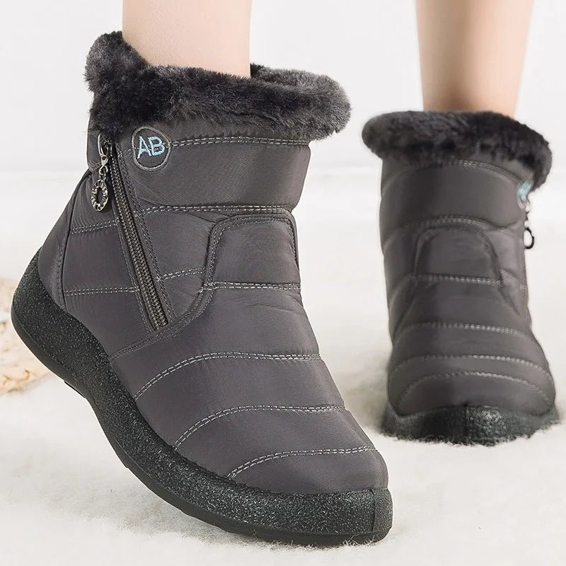 Women's mid-calf snow boots, water-resistant faux fur lined with side zipper, winter style