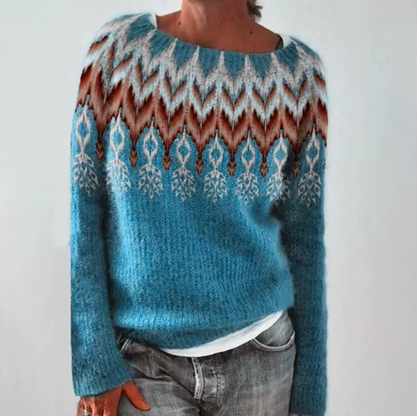 Women's color block knit pullover sweater loose fit round neckline casual everyday style