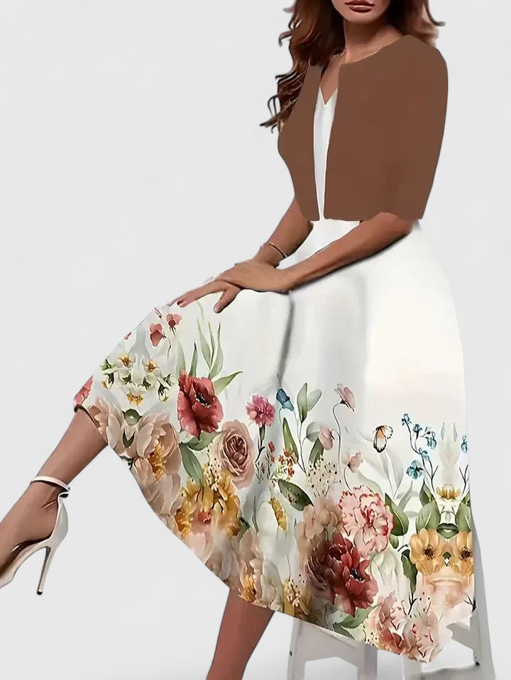 Royal blue floral midi dress women A-line 3/4 sleeve white floral skirt occasion dress
