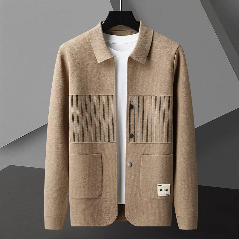 Slim-fit textured knit cardigan with polo collar, lightweight breathable design for smart-casual style
