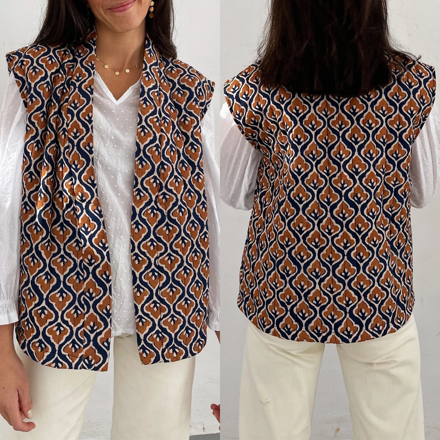 Pladelle plaid floral sleeveless vest coat open-front layering piece with hand-stitched detail