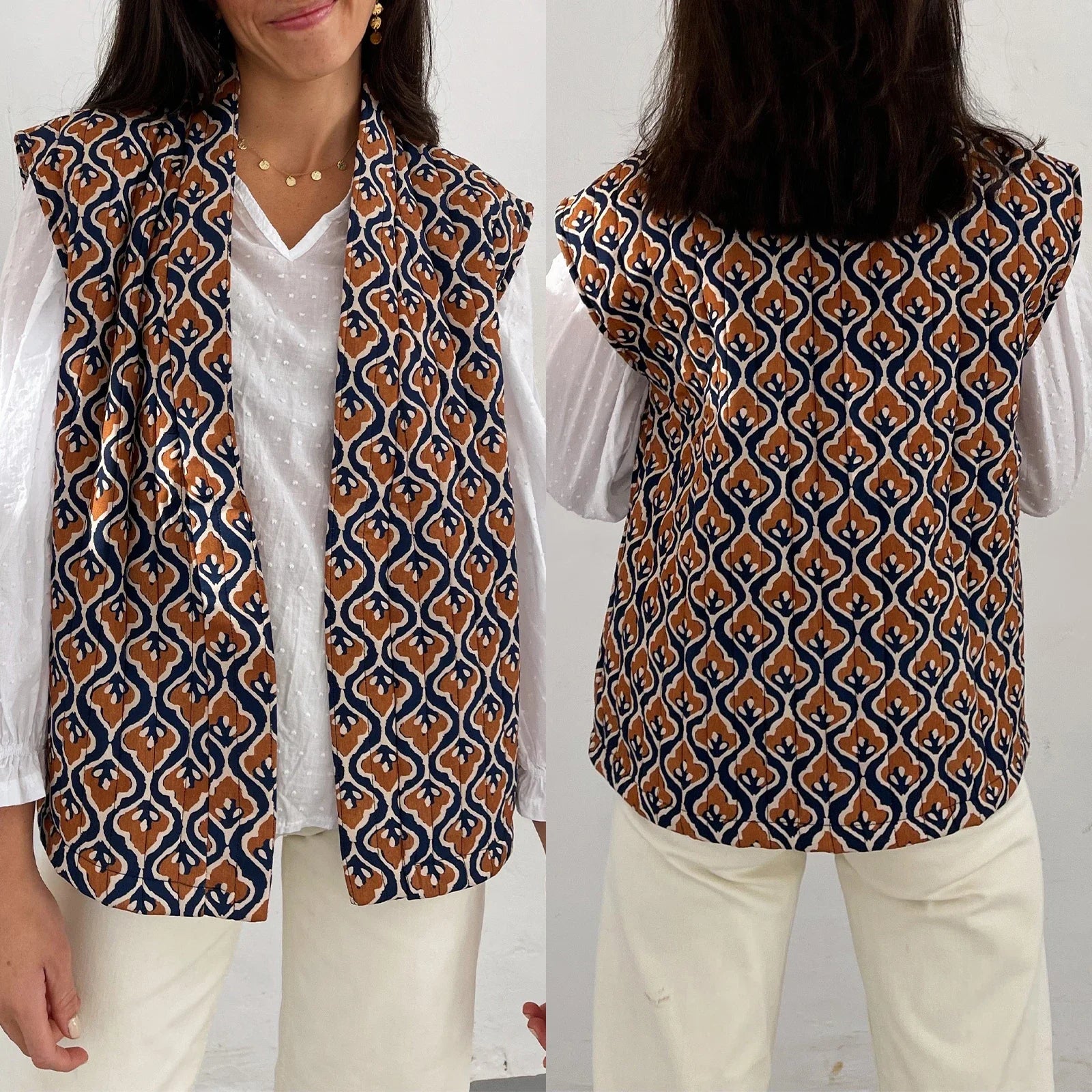 Pladelle plaid floral sleeveless vest coat open-front layering piece with hand-stitched detail