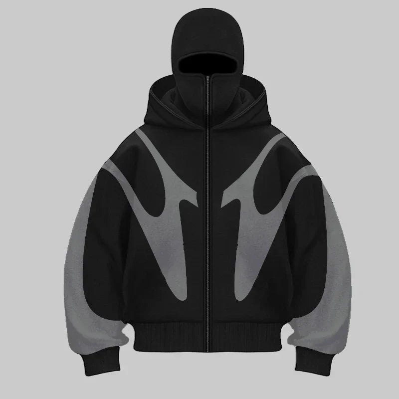 Black heavyweight hoodie with built-in full-face balaclava and bold spliced design for ultimate protection