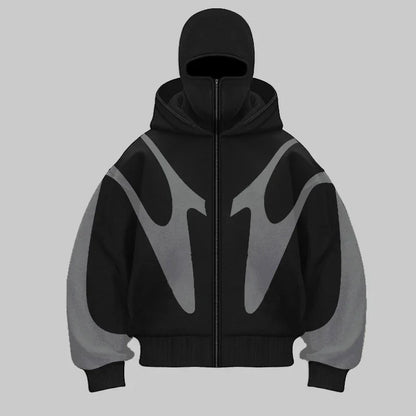 Black heavyweight hoodie with built-in full-face balaclava and bold spliced design for ultimate protection
