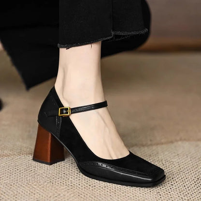Women's square toe block heel pump in brogue style with ankle strap gold buckle, vintage retro design