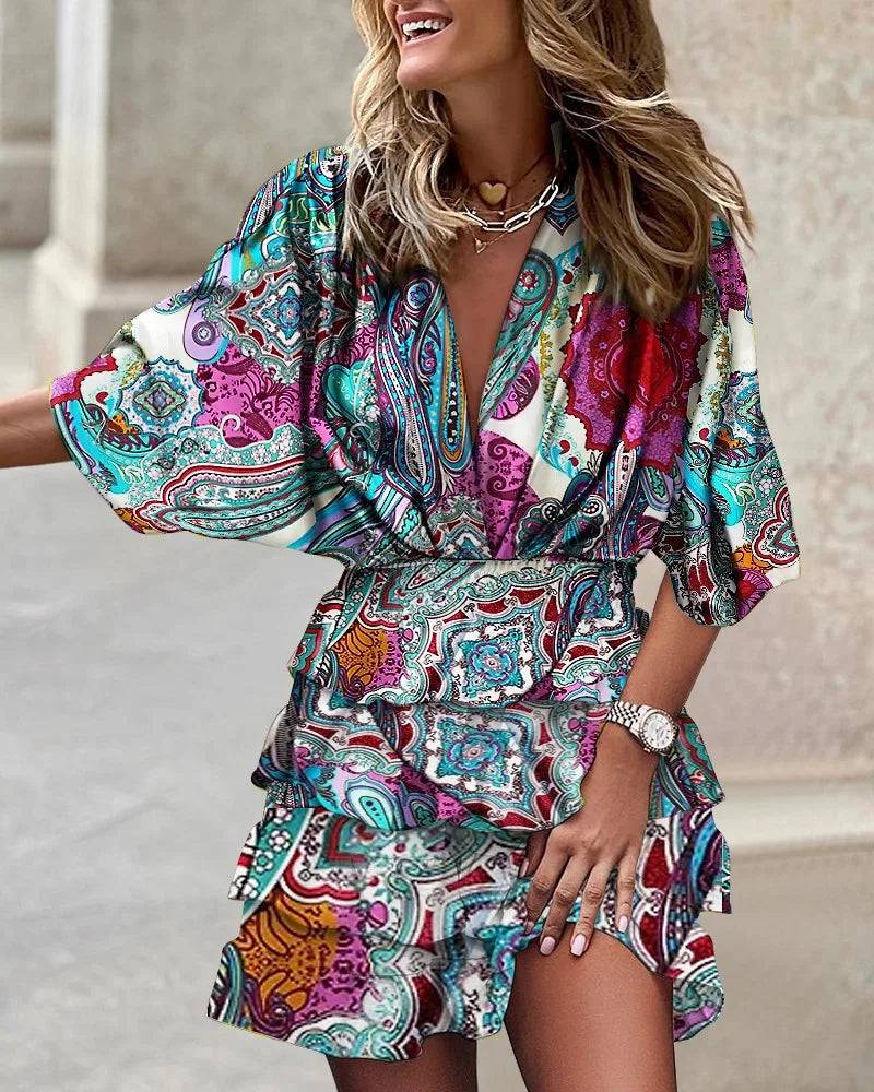 Luna | Women's Printed Ruffle Mini Dress V-Neck Smocked Waist Boho Dress