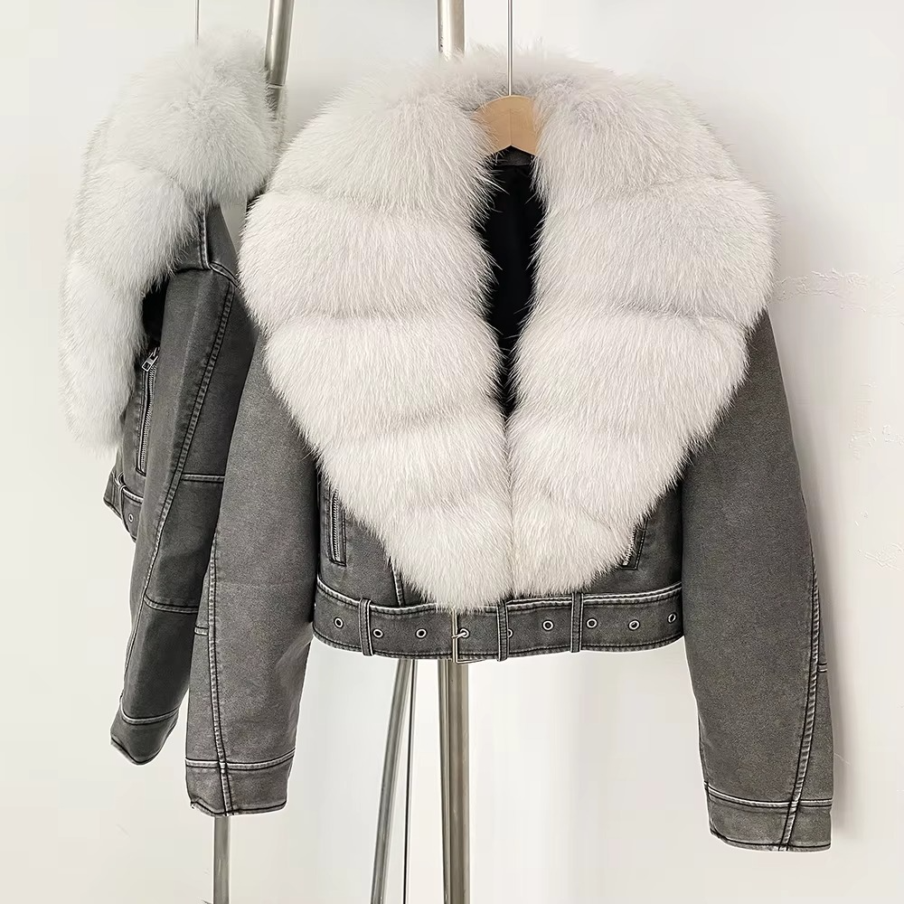 Women's black faux leather coat with faux fur collar, elegant winter style lightweight warmth