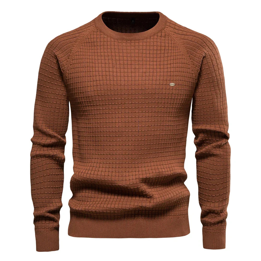 Men's navy grid-pattern crewneck sweater with ultra-soft fabric and tailored modern fit