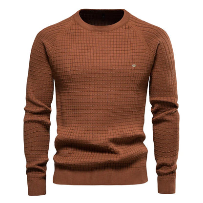 Men's navy grid-pattern crewneck sweater with ultra-soft fabric and tailored modern fit