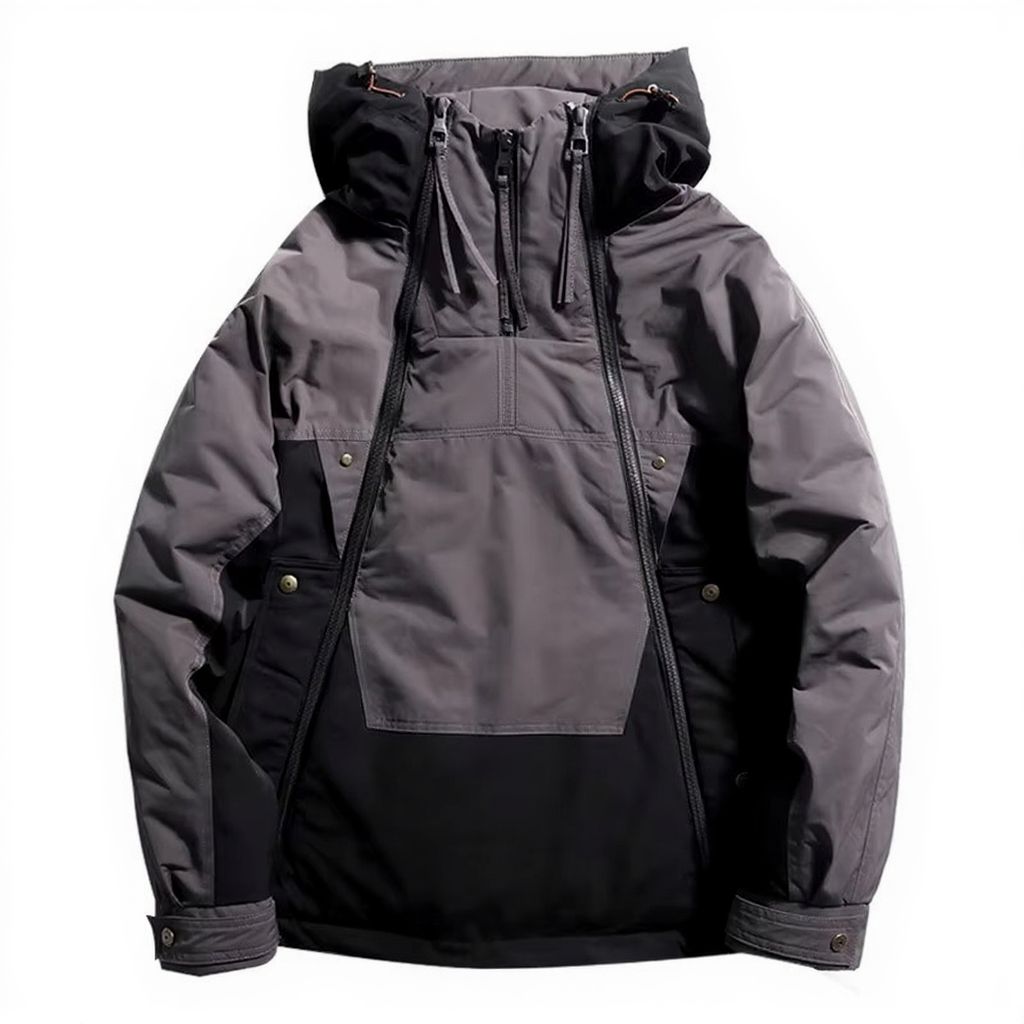 Men's color block down jacket dual zipper hood winter puffer coat slim fit cold weather outerwear